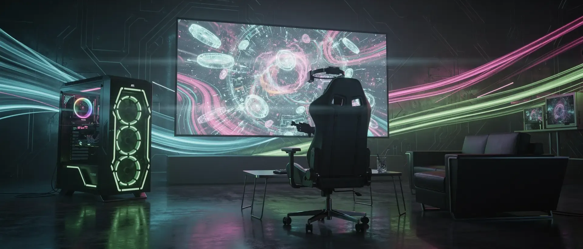 Ein kinoreifer Cyberpunk-Gaming-Raum mit Neonlichtern, einem holografischen Bildschirm und der Silhouette eines Streamers in dynamischer Pose.
