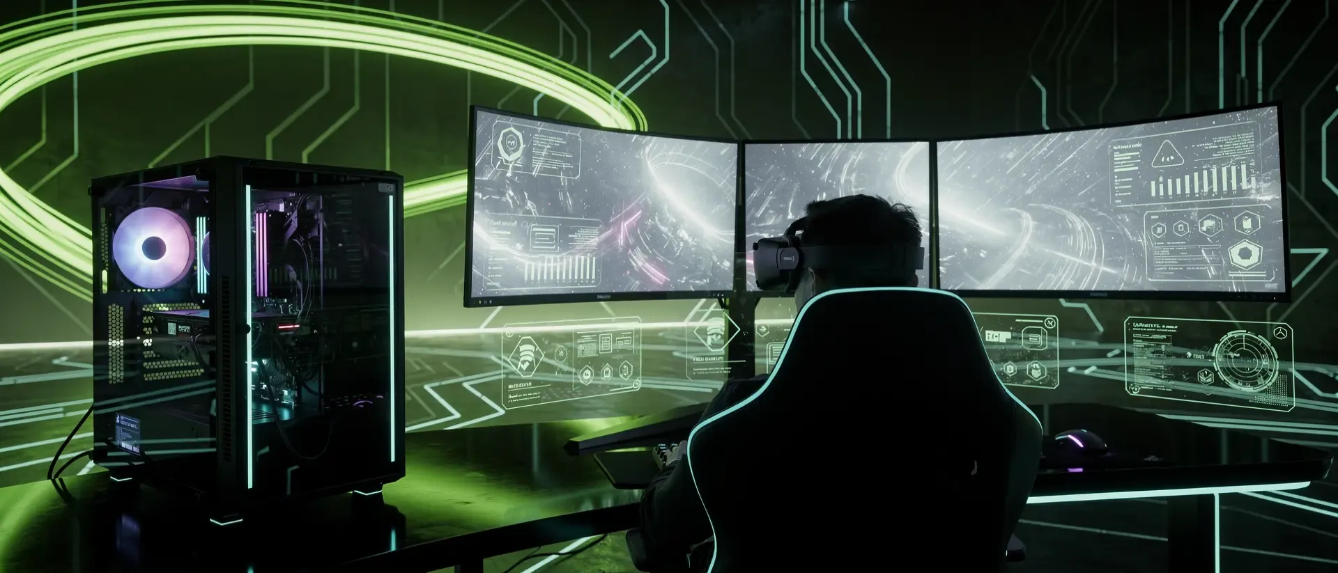 Ein futuristisches Cyber-Gaming-Setup mit neon-grünen Lichtspuren, einem PC-Rig und der Silhouette eines Streamers mit VR-Headset.