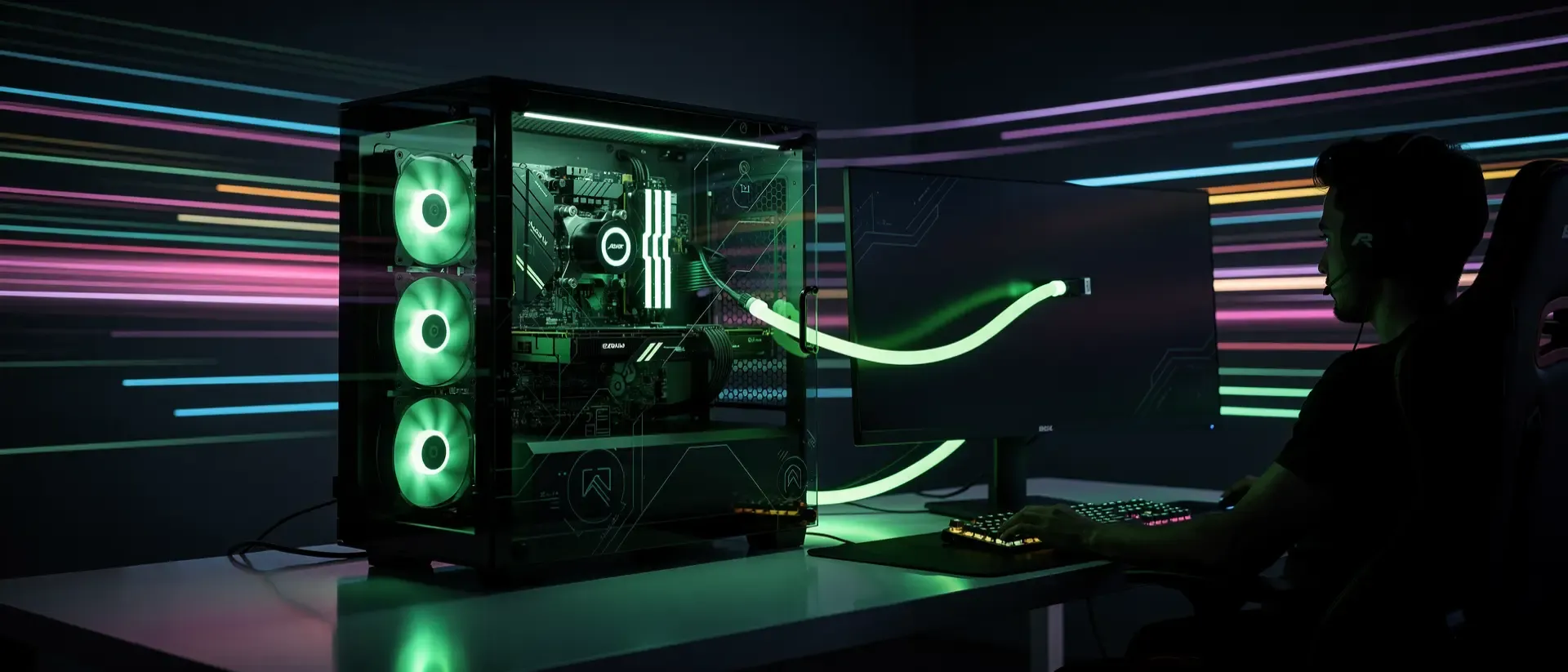 Futuristische Gaming-PC-Konfiguration mit leuchtend neongrünen Akzenten, sichtbaren High-End-Komponenten und Lichtspuren in dunkler Cyber-Ästhetik.