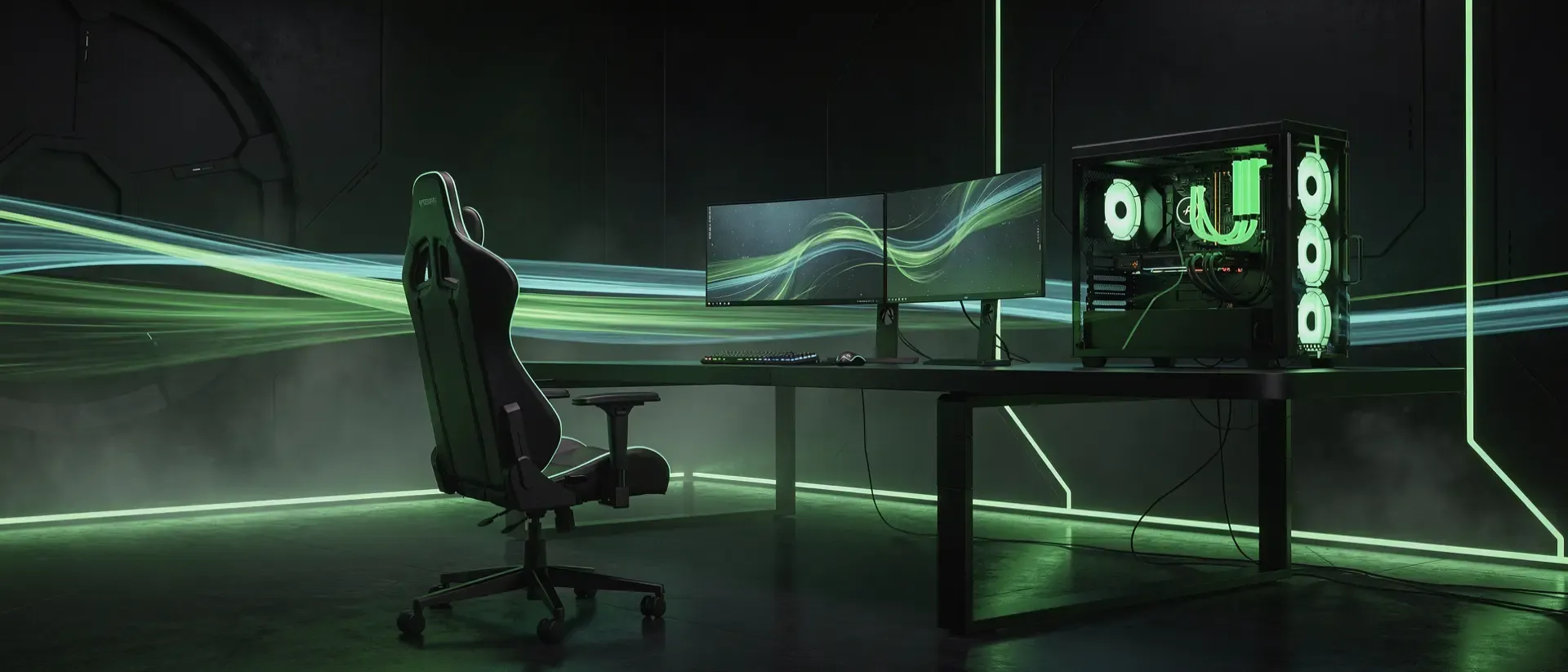 Futuristisches Gaming-Setup im Cyber-Stil mit neongrünen Lichtakzenten, leuchtenden Kabeln und der Silhouette eines Streamers vor dunklem Hintergrund.