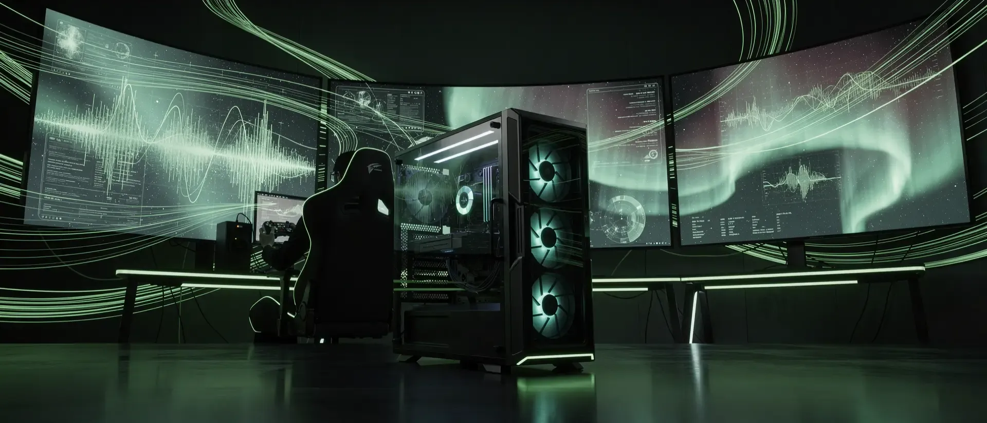 Futuristische Cyberpunk-Gaming-Lounge mit neongrünen Lichteffekten, mehreren gekrümmten Monitoren und der Silhouette eines Streamers.