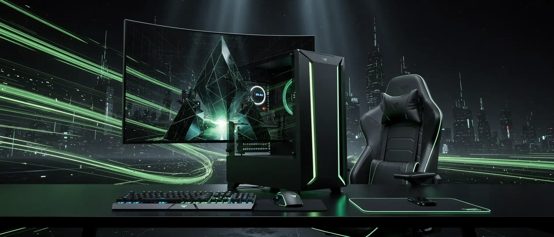 Futuristischer Gaming-Setup im Cyberpunk-Stil mit leuchtend neongrünen Lichteffekten, High-End-PC und Ultrawide-Monitor vor dunklem Hintergrund.