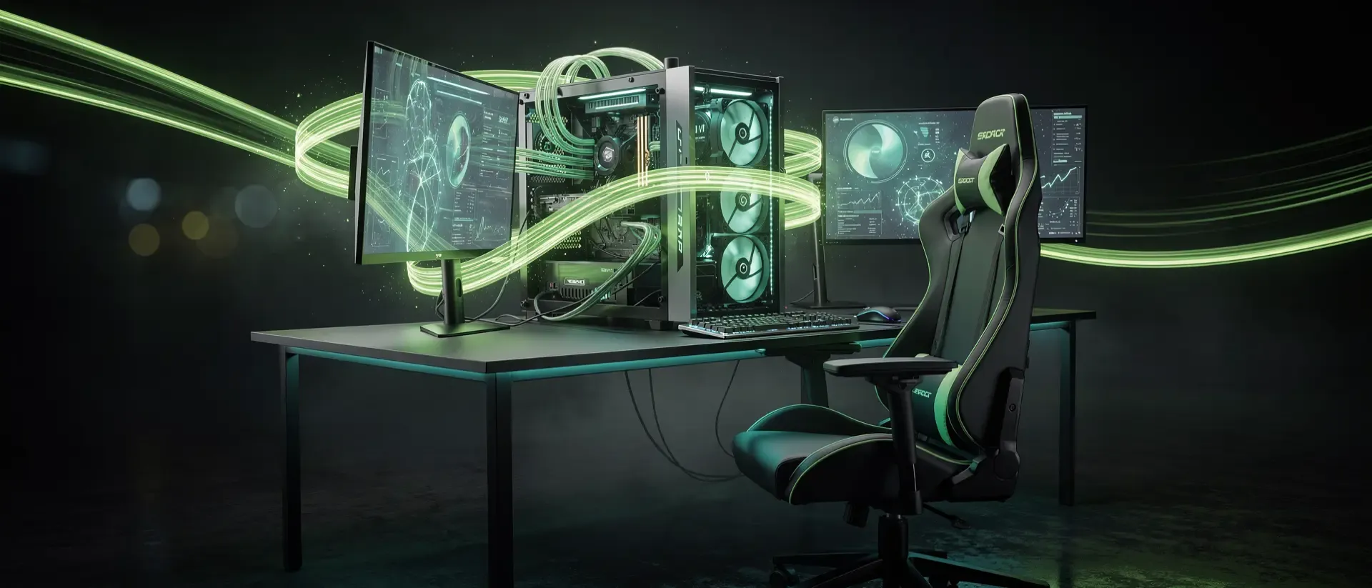 Futuristisches Cyberpunk-Gaming-Setup mit einem High-End-PC, einem Gamer-Stuhl und leuchtenden neongrünen Lichteffekten in einer dunklen Umgebung.