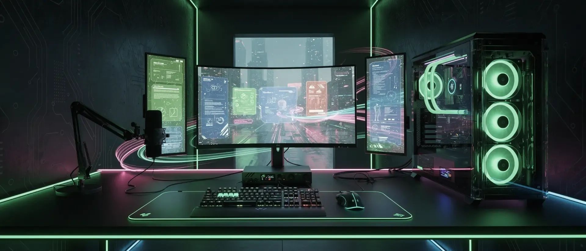 Futuristisches Cyberpunk-Gaming-Setup mit neongrünen Akzenten, holografischem Licht und leuchtenden Lichtspuren in einem dunklen, cineastischen Design.