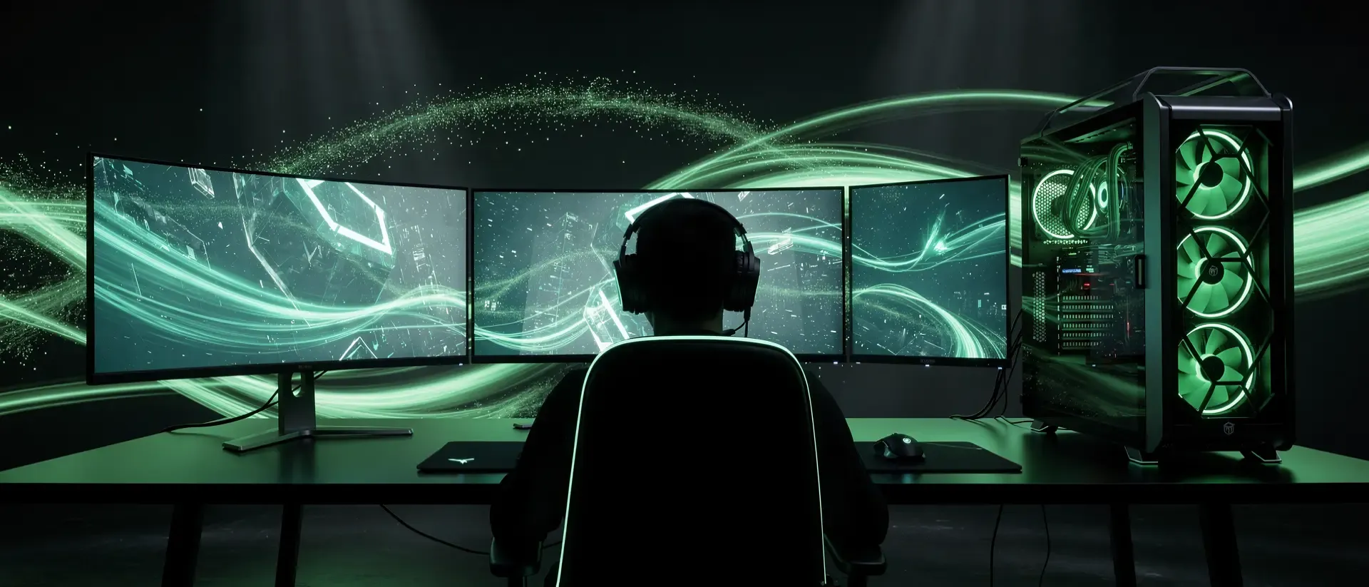 Ein futuristisches Gaming-Setup mit mehreren gebogenen Monitoren und einem Silhouetten-Streamer in einer dunklen Szenerie mit leuchtenden neongrünen Lichtspuren.