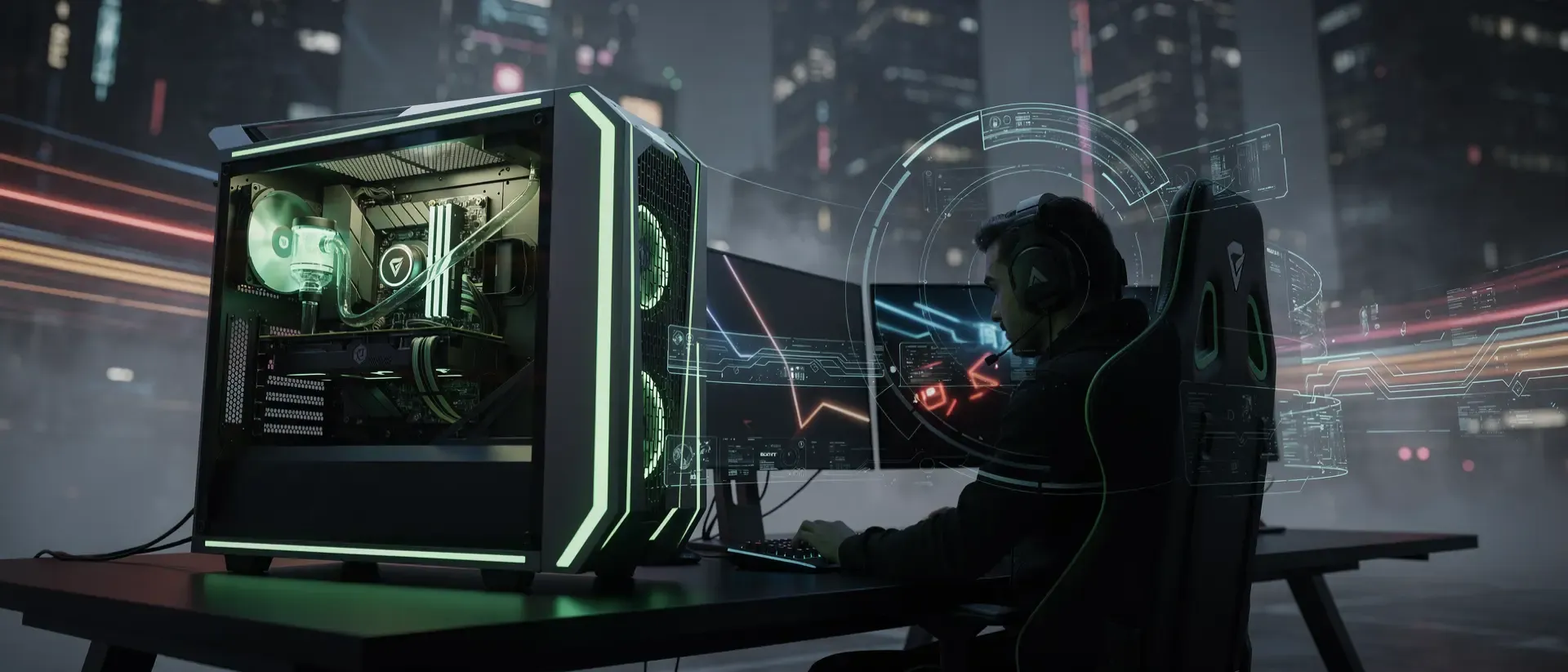 Futuristischer Gaming-PC mit neongrünen Akzenten und Streamer-Silhouette vor einer Cyberpunk-Kulisse mit holografischen Datenmustern und Lichteffekten.