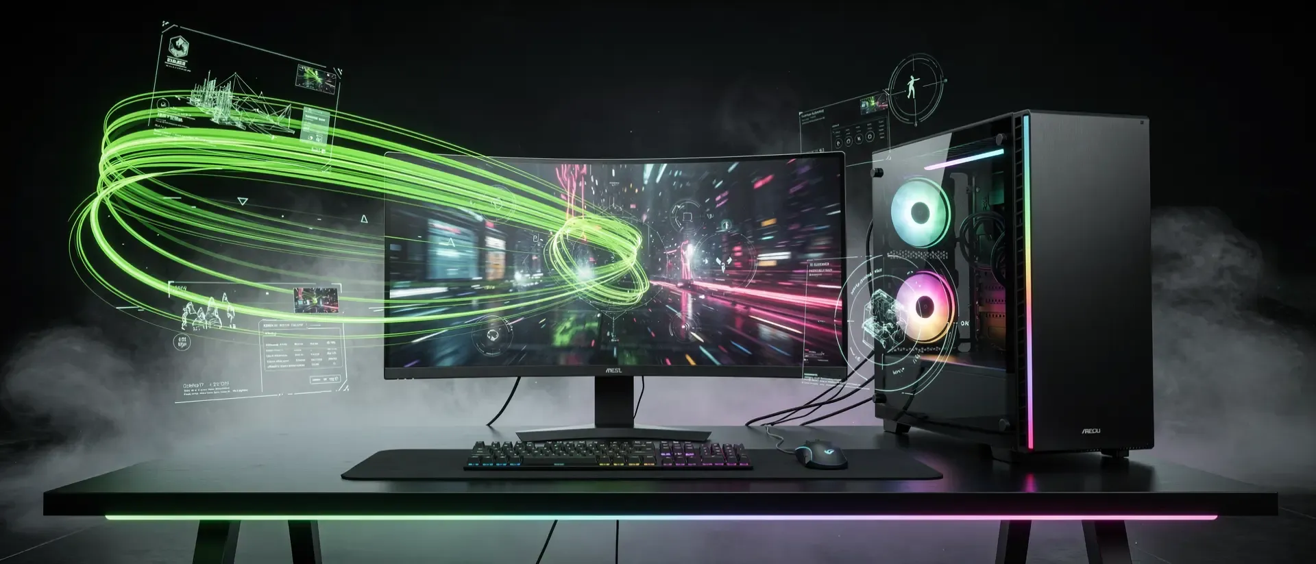 Kinoreife Cyberpunk-Gaming-Arena mit ultraminiatürlichem Monitor, neon-grünen Lichtspuren und futuristischem PC-Setup in nebliger Atmosphäre.