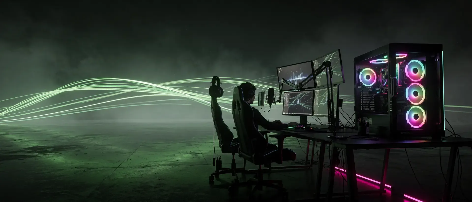 Cinematische Cyberpunk-Szene mit einer Gamer-Silhouette an einem RGB-Arbeitsplatz vor einem dunklen Hintergrund mit leuchtend neongrünen Lichtspuren.