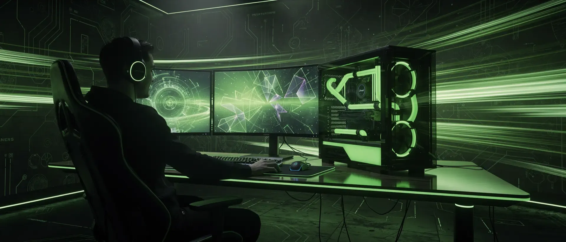 Futuristischer Gaming-Setup im Cyber-Stil mit neongrünen Akzenten, Ultrawide-Monitoren und einer Gamer-Silhouette vor leuchtenden Lichtspuren.