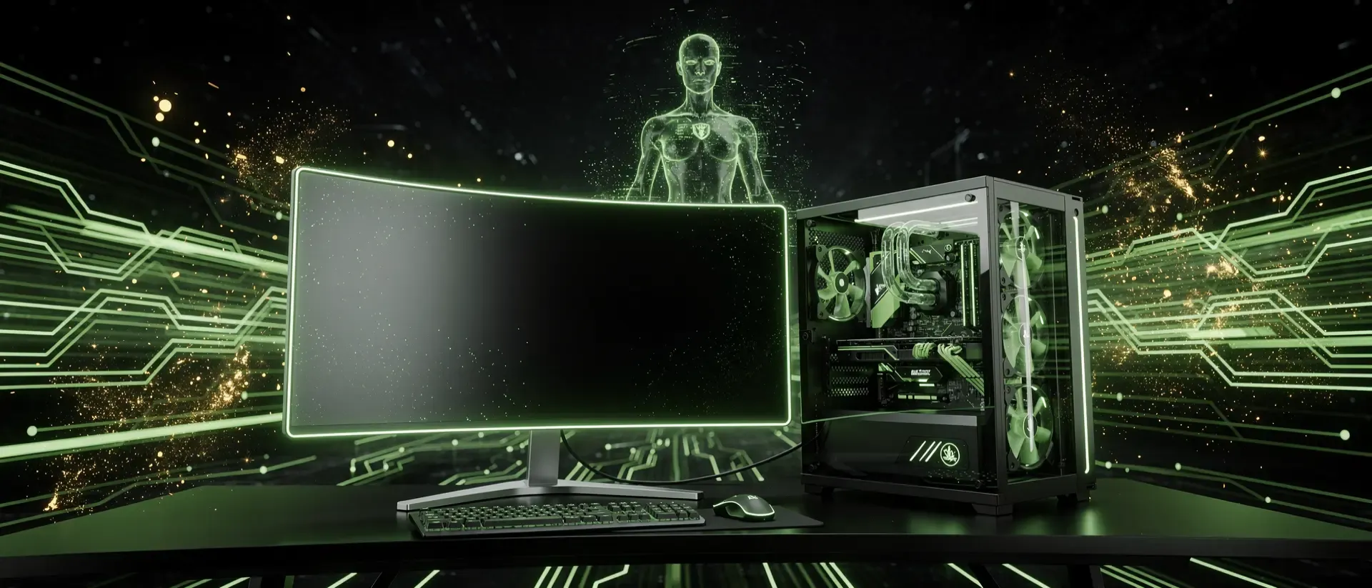 Futuristische Cyber-Gaming-Arena mit einem leuchtenden Monitor, neon-grünen Lichteffekten und einem holografischen Avatar in einem dunklen Raum.