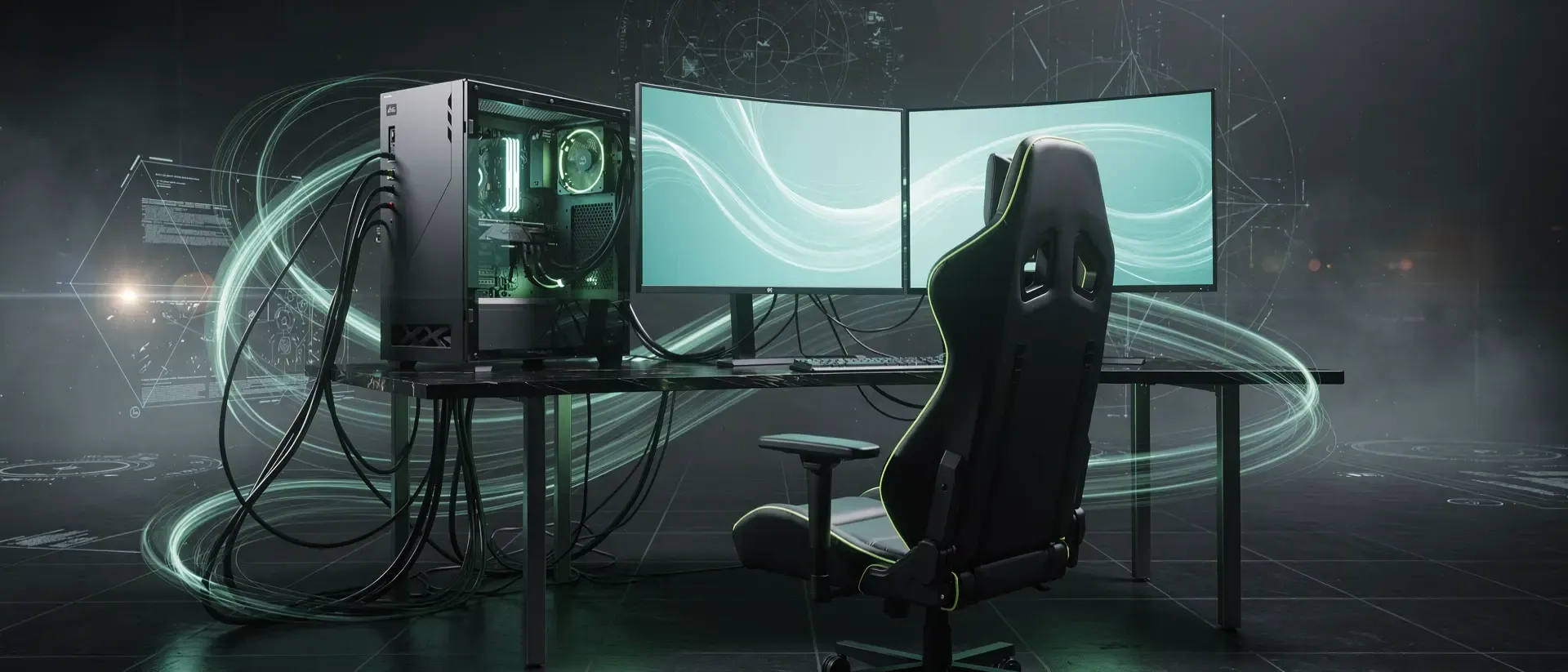 Futuristisches Gaming-Setup in dunkler Cyber-Ästhetik mit neongrünen Lichteffekten, gebogenen Monitoren und leuchtenden Lichtspuren auf reflektierenden Oberflächen.