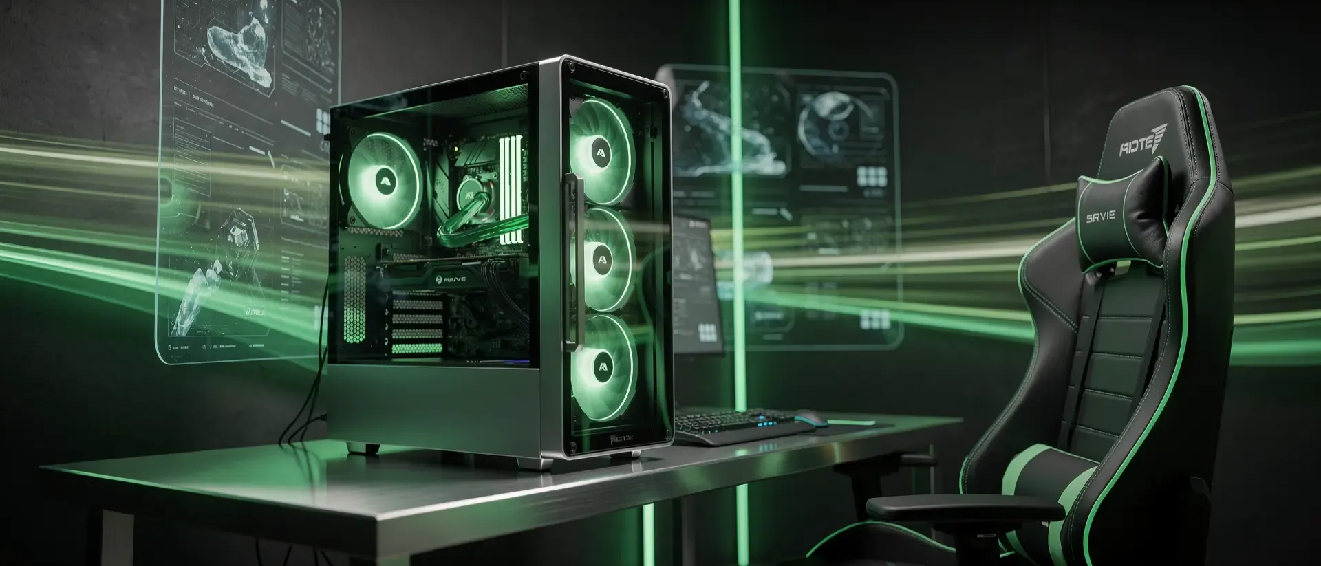 Futuristischer Gaming-Setup mit beleuchtetem PC, Streamer-Stuhl und holografischen Paneelen in einer dunklen Cyberpunk-Umgebung mit neongrünen Lichtspuren.