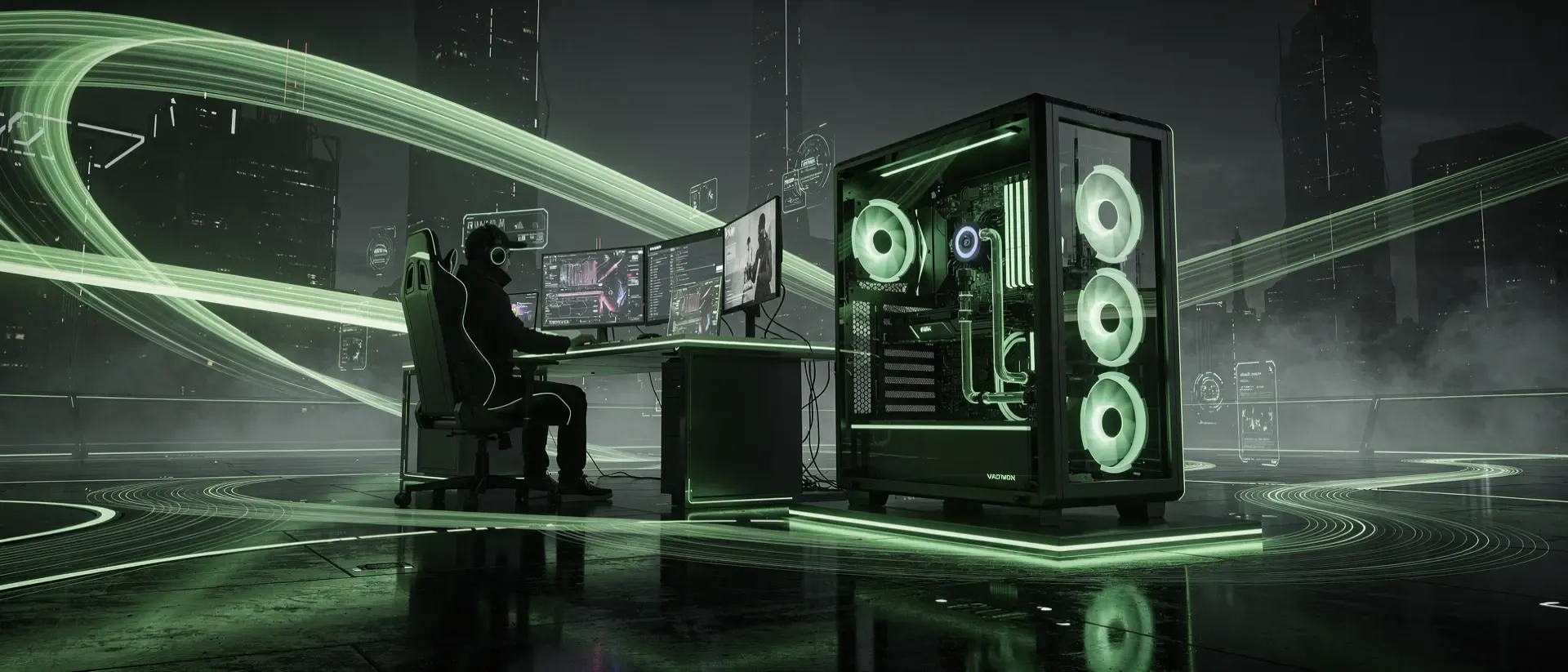 Ein futuristischer Cyberpunk-Gaming-Platz mit leuchtend grünen Neon-Lichtspuren, einem High-End-PC und der Silhouette eines Streamers.