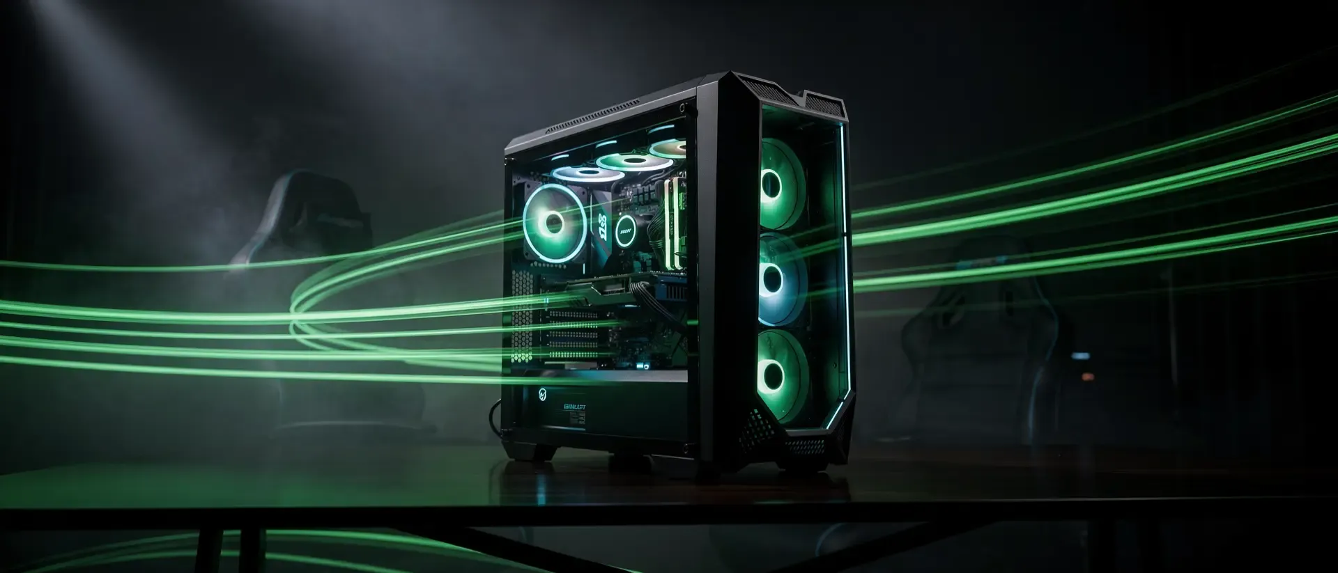 Cyberpunk-Gaming-PC mit leuchtenden neongrünen Lichtspuren und einer Silhouette eines Streamers vor dunklem, futuristischem Hintergrund.