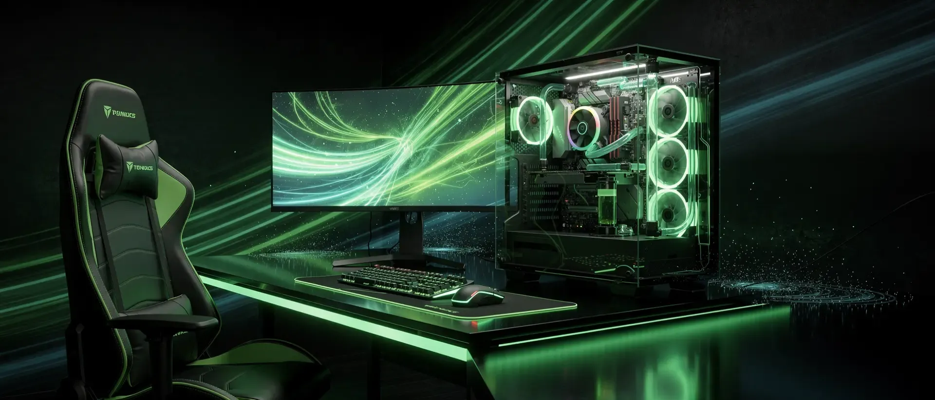 Futuristische Gaming-PC-Station mit transparentem Gehäuse und leuchtenden Komponenten in neon-grünem Licht auf dunklem Hintergrund.