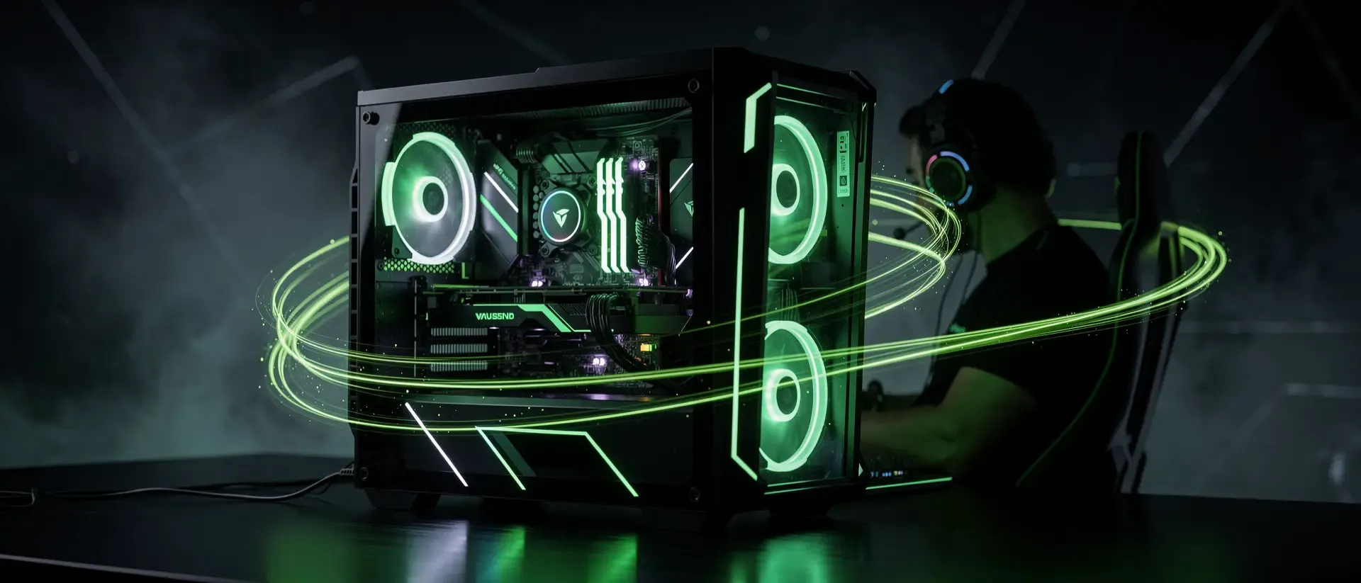 Ein futuristischer Gaming-PC mit leuchtend neongrünen Lichteffekten und einem Streamer-Schatten in einer dunklen Cyberpunk-Atmosphäre.