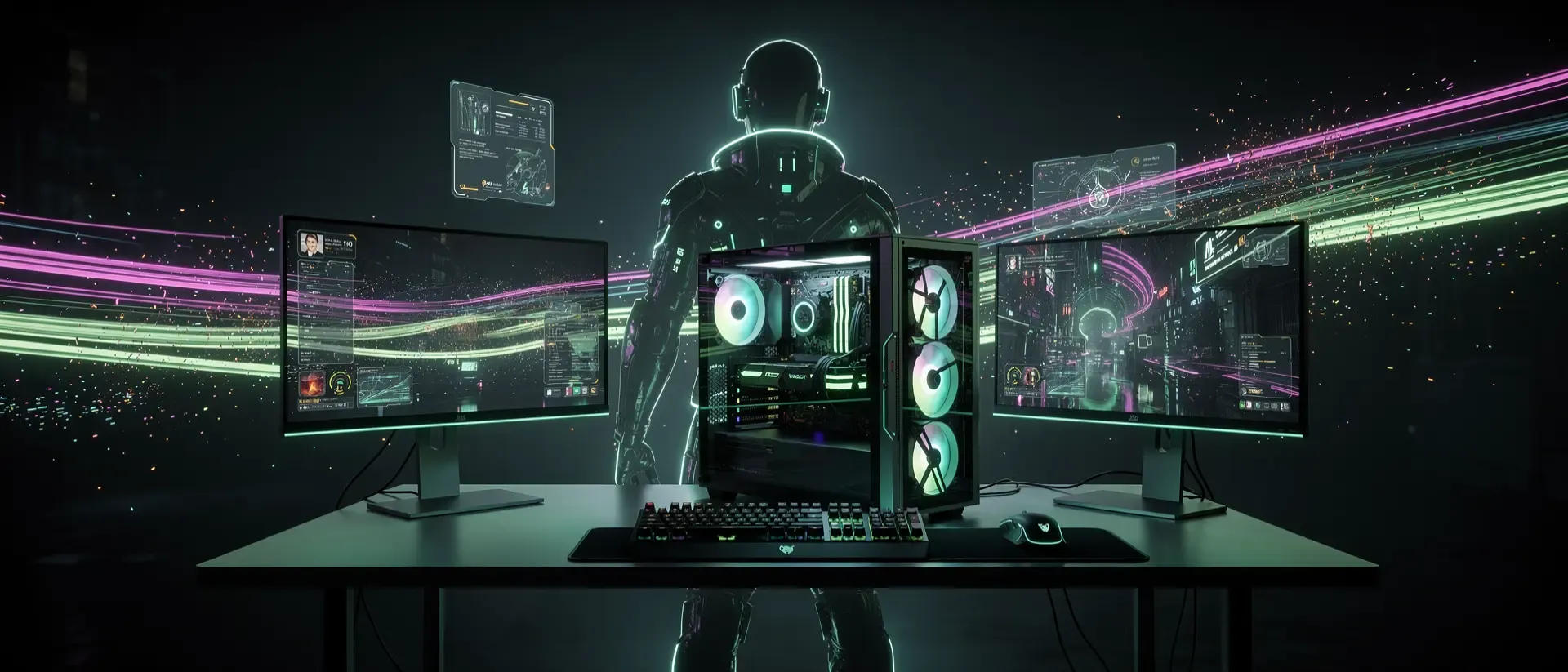 Cinematische Cyberpunk-Gaming-Station mit futuristischem PC, neon-grünen Lichtspuren und einer Silhouette im holografischen Glanz.