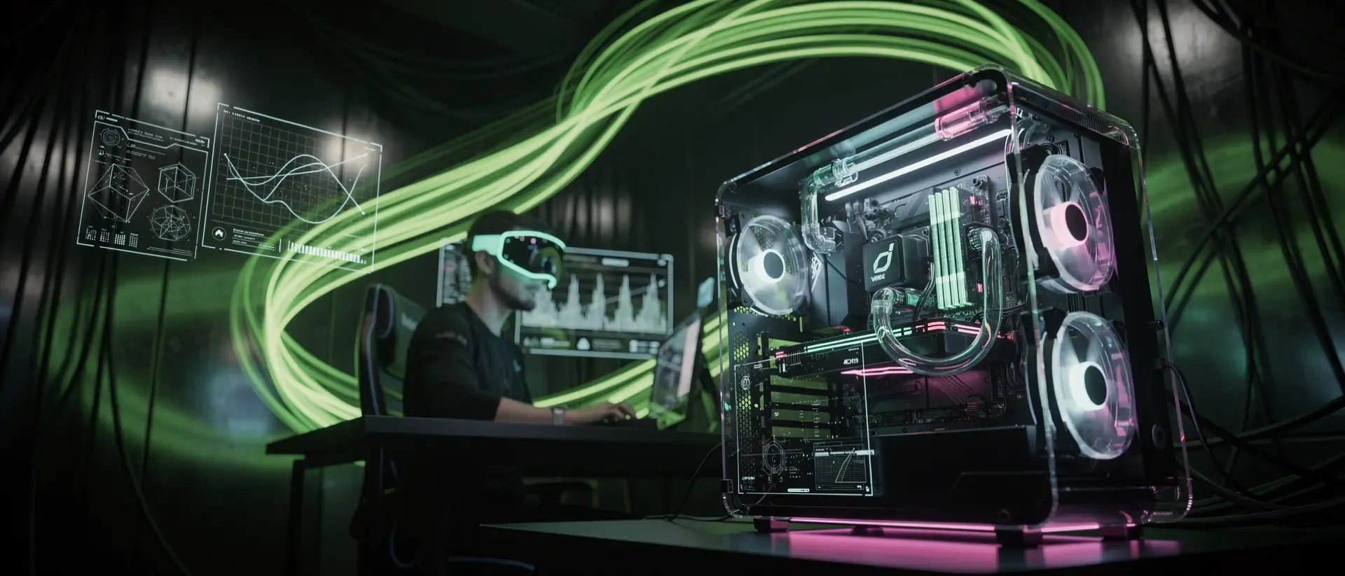 Futuristische Cyberpunk-Gaming-Station mit neon-grünen Lichtspuren, transparentem PC und einer Silhouette vor holografischen Lichtmustern.