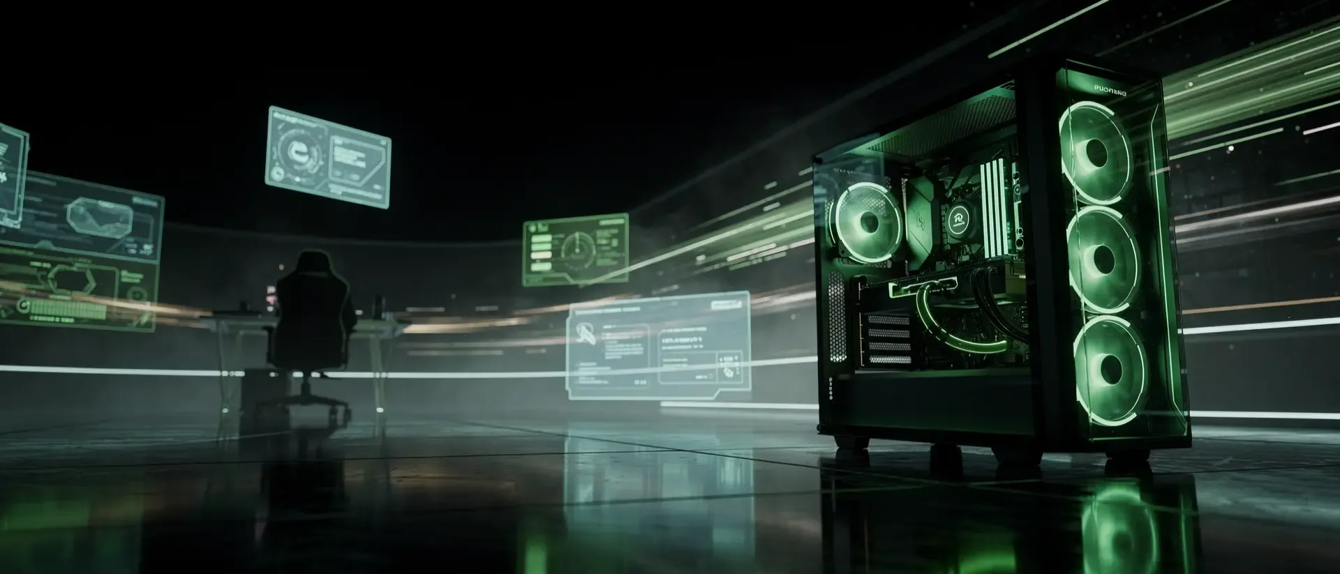 Ultrawide-Cinematic-Ansicht einer dunklen Cyberpunk-Gaming-Arena mit neongrünen Akzenten, einem Streamer-Silhouetten und holografischen HUD-Elementen.