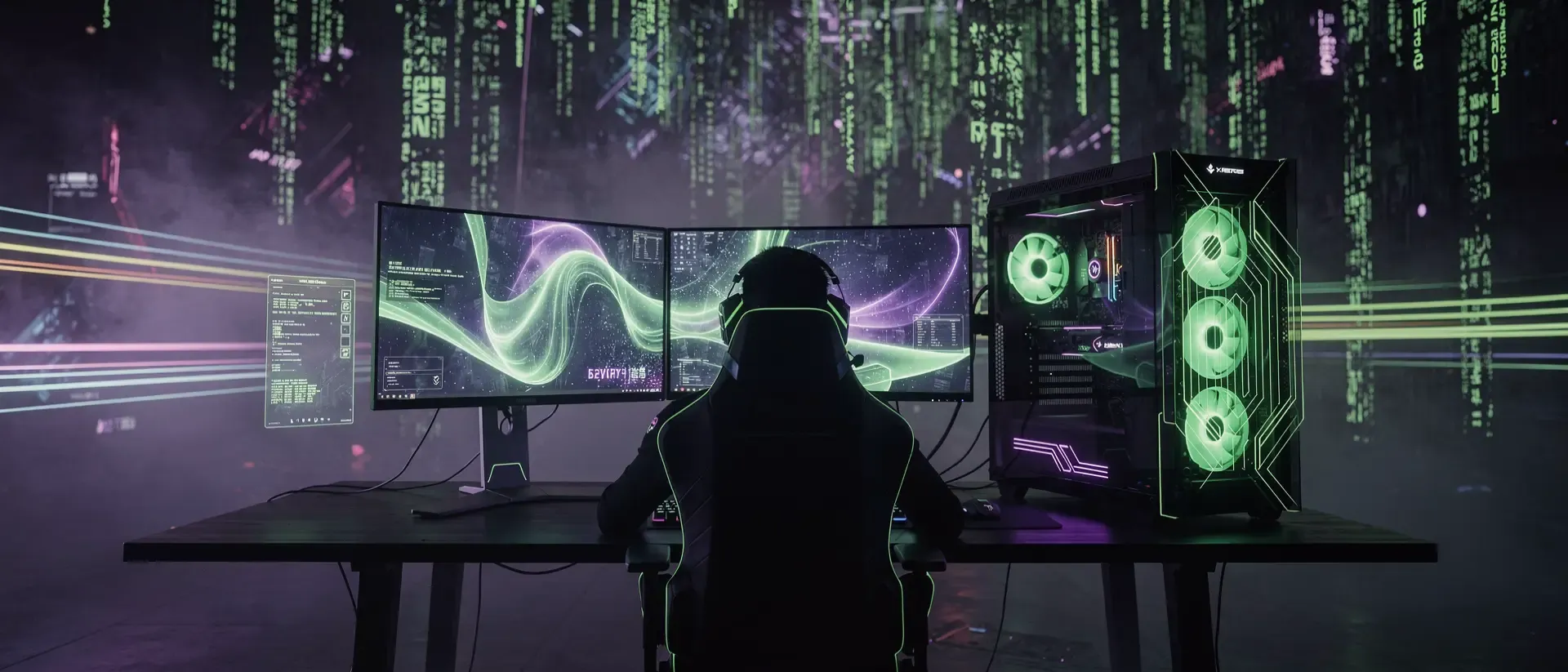 Ein futuristischer Cyberpunk-Gaming-PC mit neon-grüner Beleuchtung und holografischen Datenströmen vor einem dunklen, violetten Hintergrund.