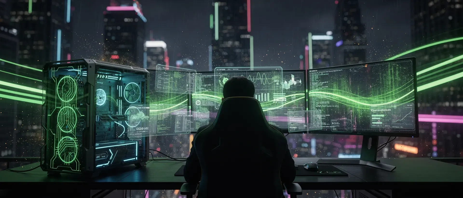 Futuristischer Gaming-PC mit Curved-Monitoren vor einer dunklen Cyberpunk-Stadtlandschaft mit leuchtend neongrünen Lichteffekten und holografischen Elementen.
