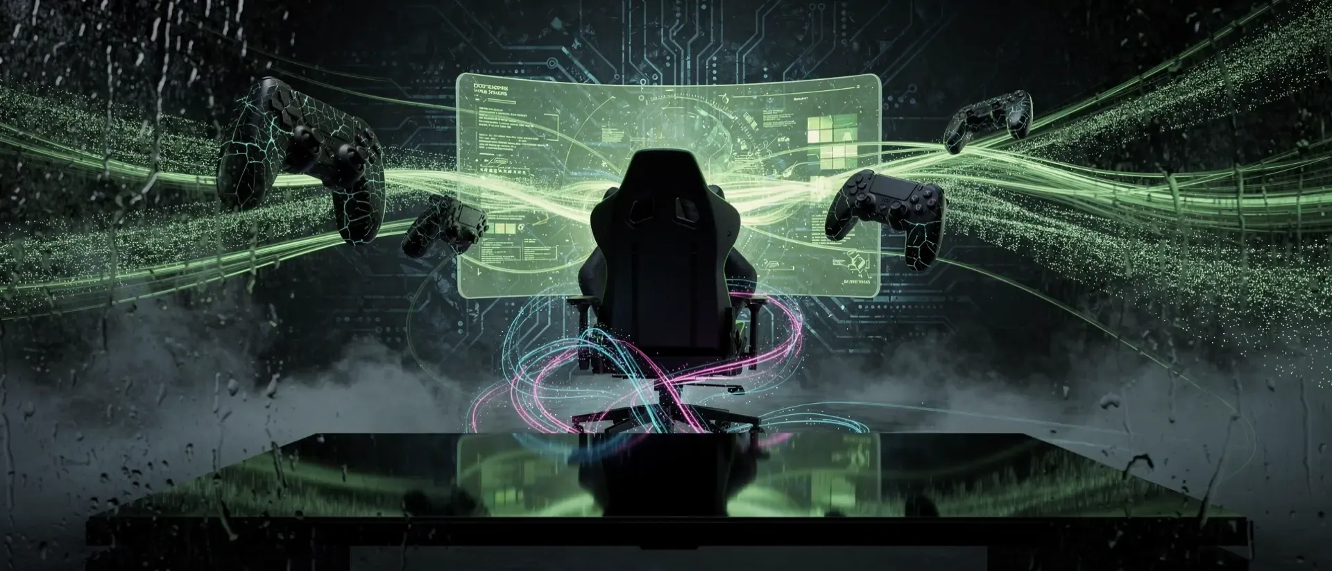 Cyberpunk-Szenario mit einer schattenhaften Figur in einem Gaming-Stuhl vor holografischen Monitoren und neon-grünen Lichteffekten in einer nebligen Welt.