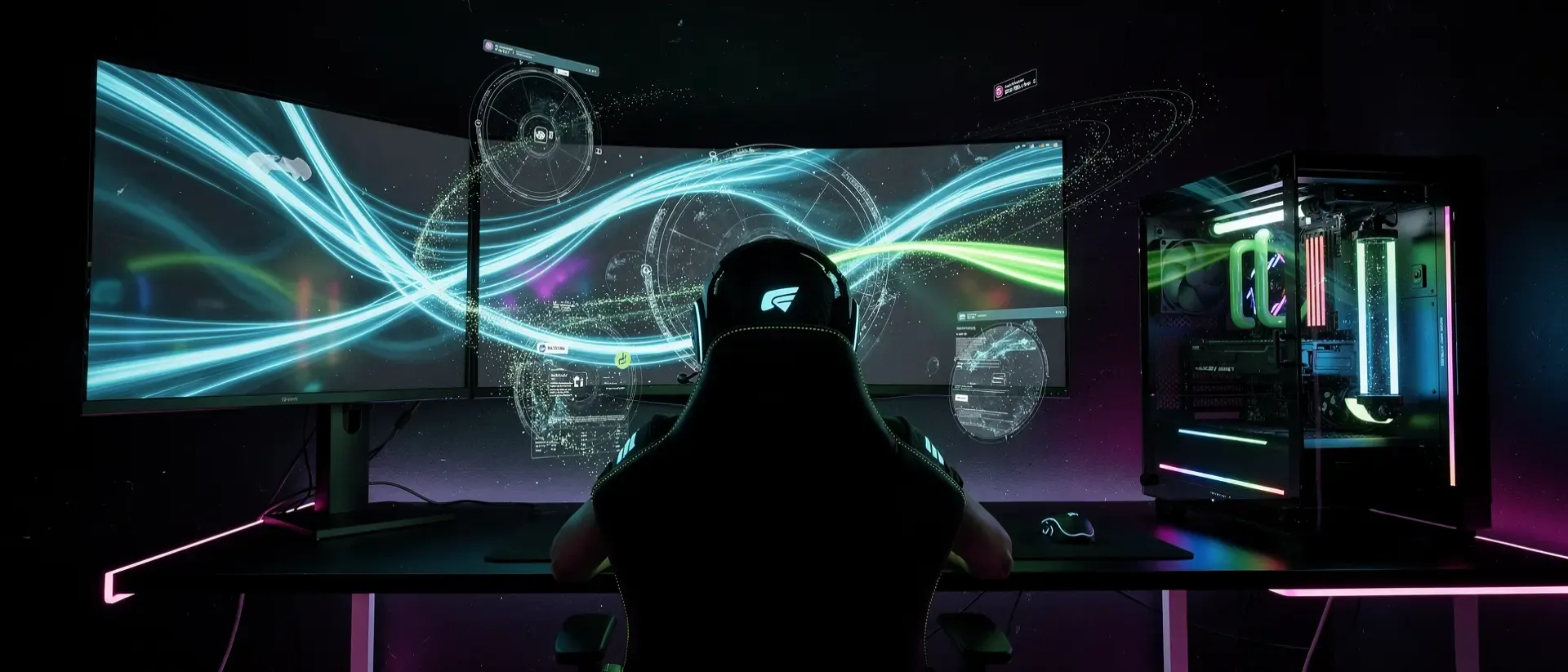 Ein futuristisches Cyberpunk-Gaming-Setup mit leuchtenden neon-cyanfarbenen und grünen Lichteffekten und der Silhouette eines Gamers im Schatten.