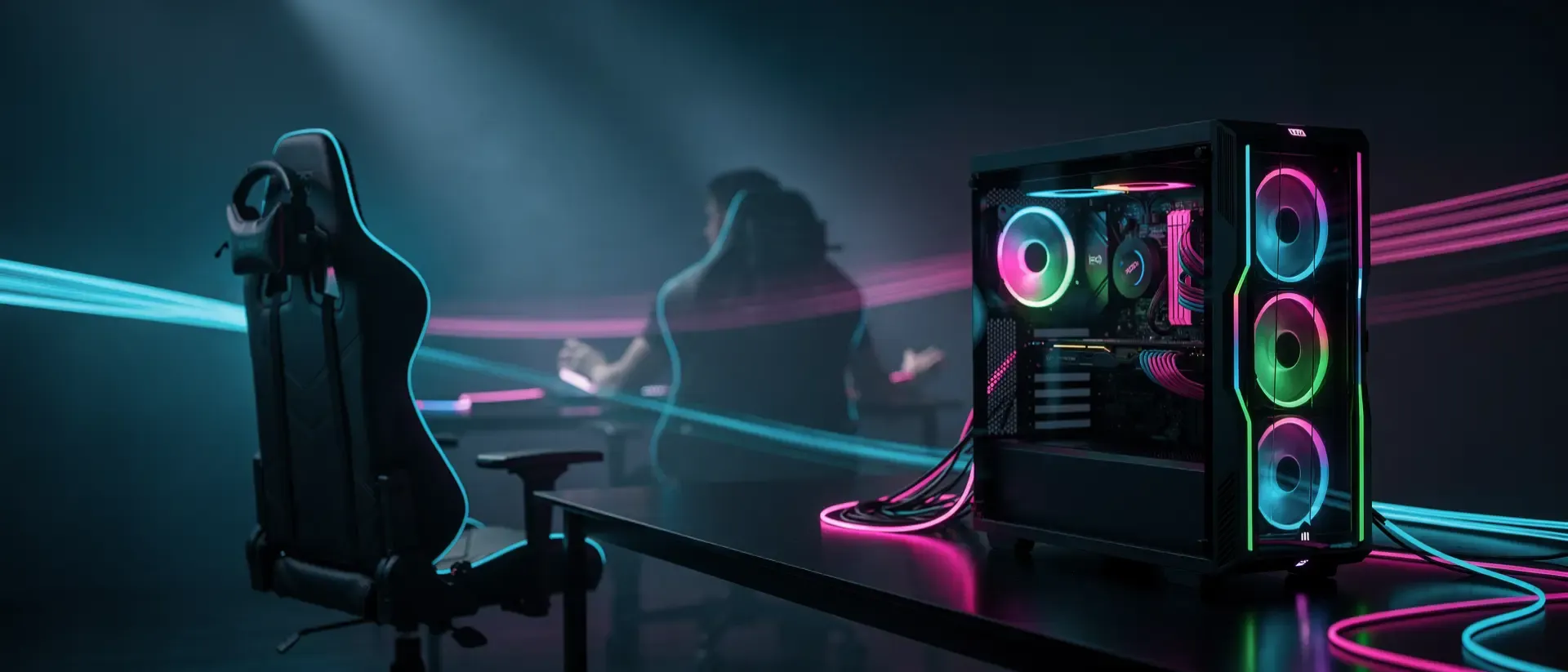 Ein futuristischer Gaming-Setup im Cyberpunk-Stil mit leuchtenden Neonlichtern in Cyan und Magenta sowie einem High-End-PC und ergonomischem Stuhl.