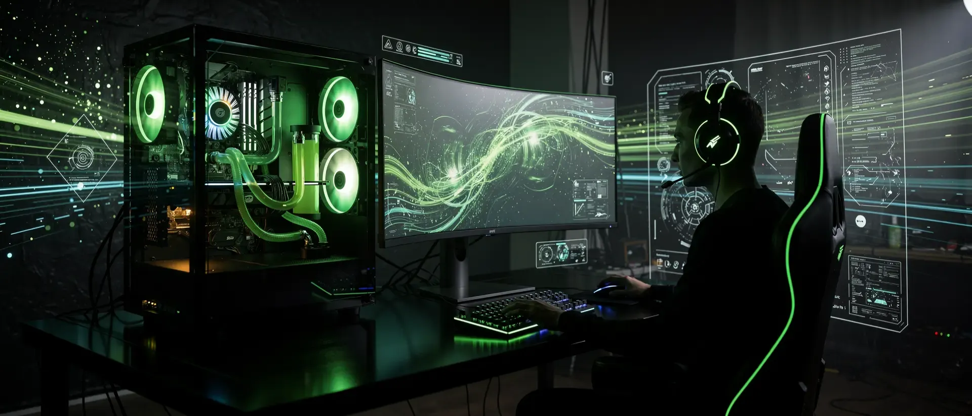 Futuristischer Gaming-PC mit neon-grüner Beleuchtung und einer Cyber-Streamer-Silhouette vor einem Hintergrund aus holografischen Schaltkreisen.