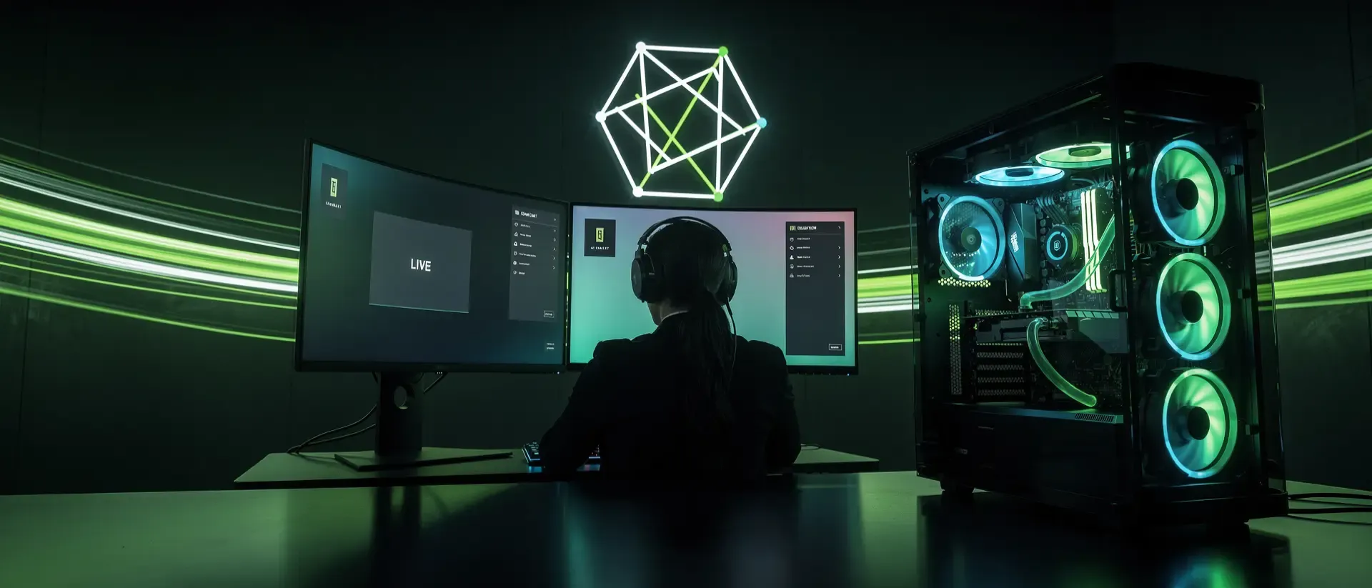 Futuristische Gaming-Station mit neongrünen Akzenten, geschwungenen Monitoren und einer Silhouette eines Streamers in einer dunklen Cyber-Atmosphäre.