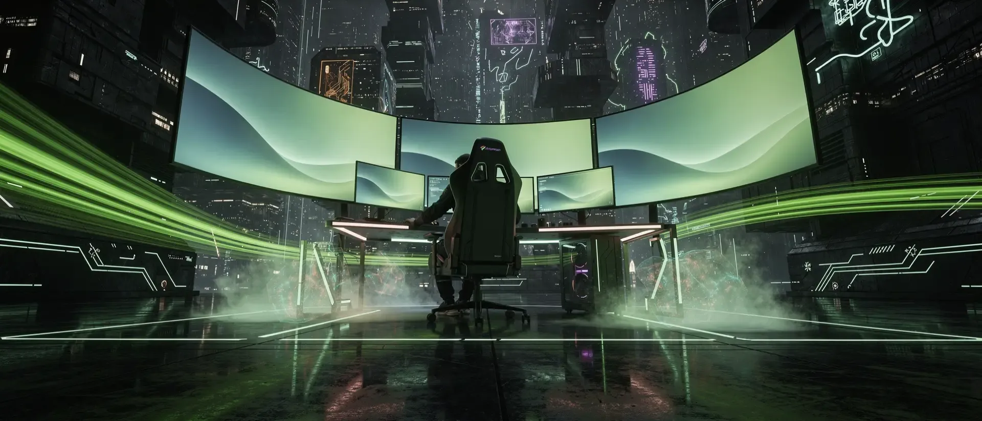 Ein Gamer sitzt in einem futuristischen Cyberpunk-Setup mit mehreren gebogenen Monitoren und leuchtenden neongrünen Lichteffekten in einer dunklen Umgebung.