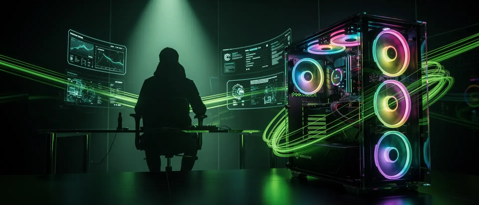 Futuristisches Gaming-Setup mit einem schwarzen PC-Tower, neon-grünen Lichtspuren, holografischen Elementen und der Silhouette eines Streamers.