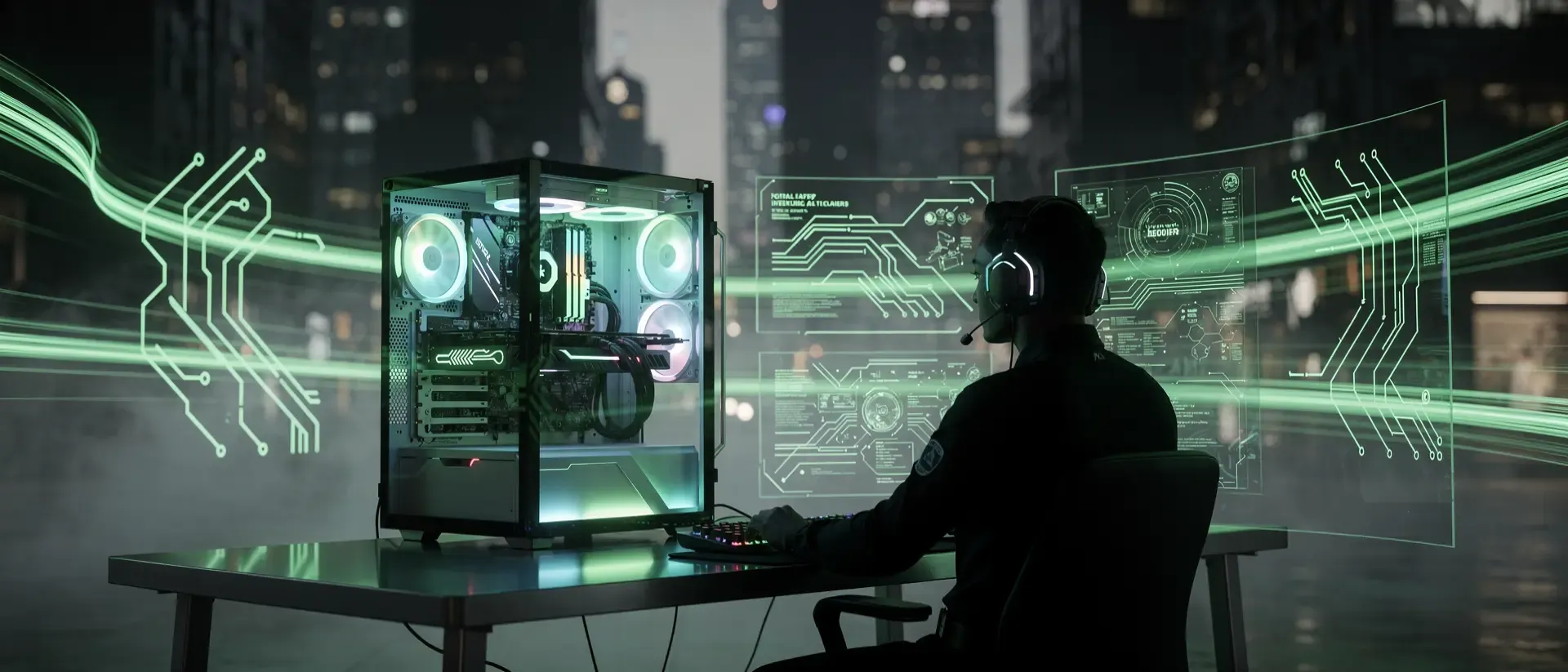 Ein futuristischer Gaming-PC mit neongrünen Lichteffekten und einem Streamer-Umriss vor einer dystopischen Cyberpunk-Kulisse mit holografischen Interfaces.