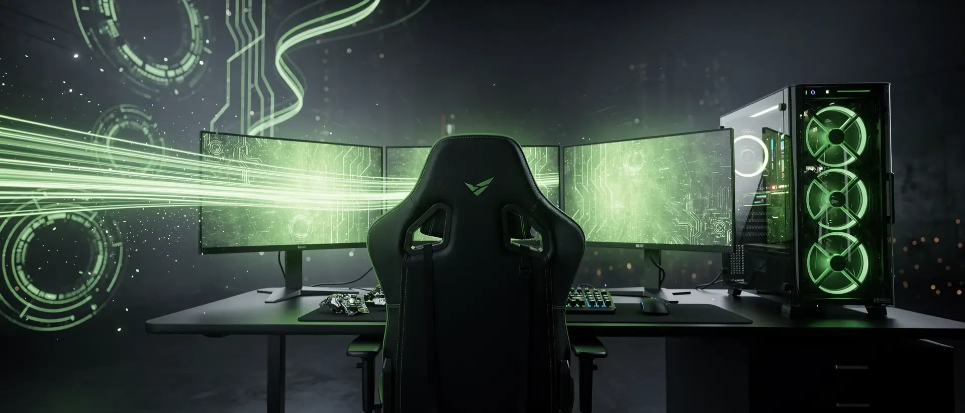 Futuristisches Cyberpunk-Gaming-Setup in Dunkelheit mit leuchtend neongrünen Lichteffekten, mehreren Monitoren und holografischen digitalen Partikeln.