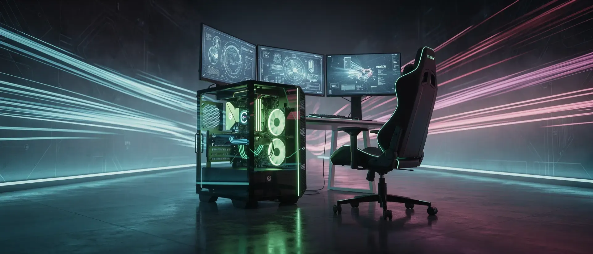 Futuristisches Gaming-Setup mit Neon-grünen Akzenten, holografischen Monitoren und einem High-End-PC in einer dunklen Cyberpunk-Atmosphäre.