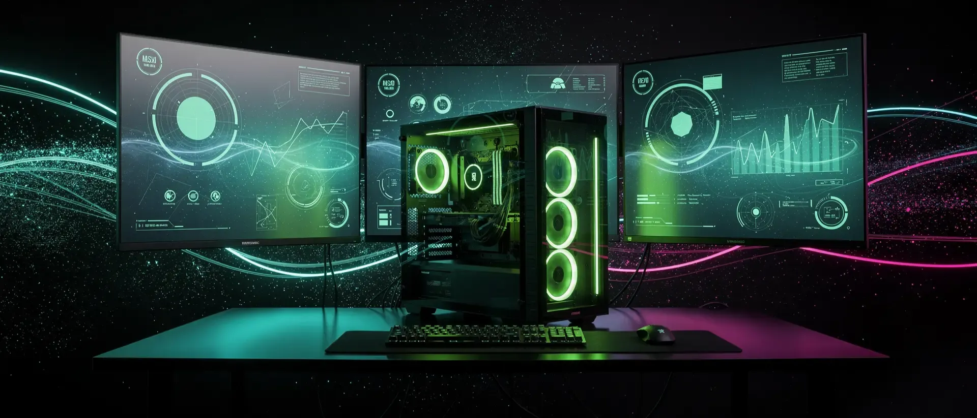 Futuristisches Gaming-Setup im Cyber-Look mit Multi-Monitor-Anordnung, neongrünen Akzenten und holografischen UI-Elementen vor dunklem Hintergrund.