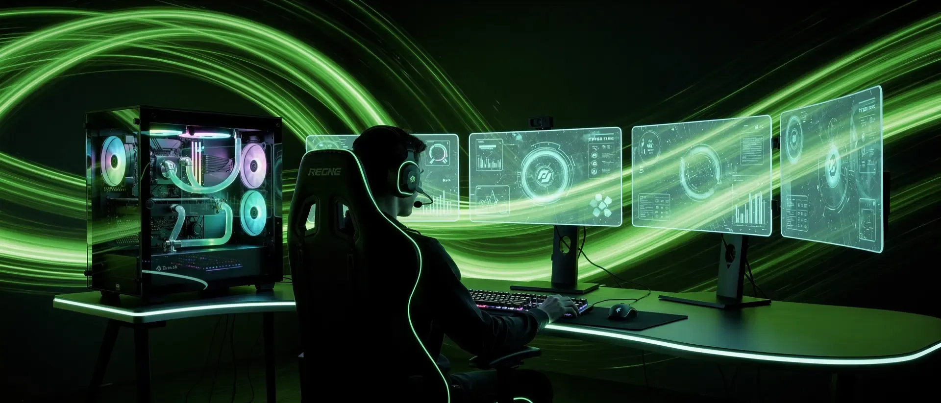 Futuristisches Gaming-Setup im Cyber-Stil mit neon-grünen Lichteffekten, einem High-End-PC und einem Streamer vor holografischen Monitoren.