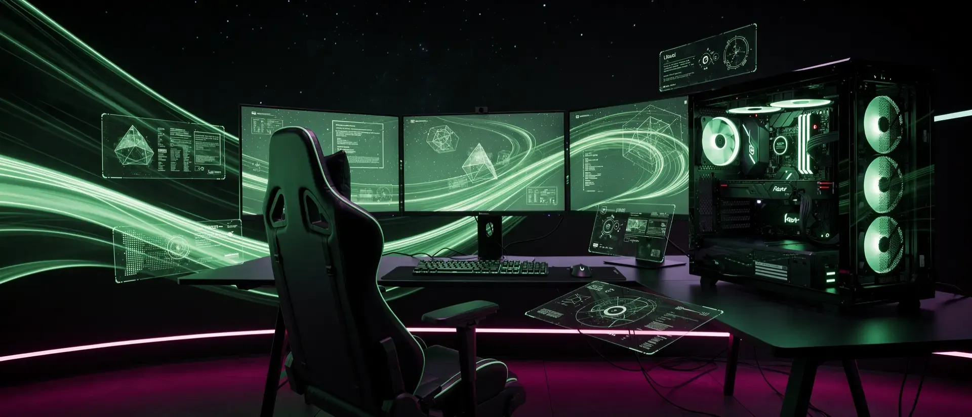 Futuristische Cyberpunk-Gaming-Station mit neongrünen Lichtspuren, holografischen Datenströmen und glänzenden Chrom-Akzenten in dunkler Ästhetik.