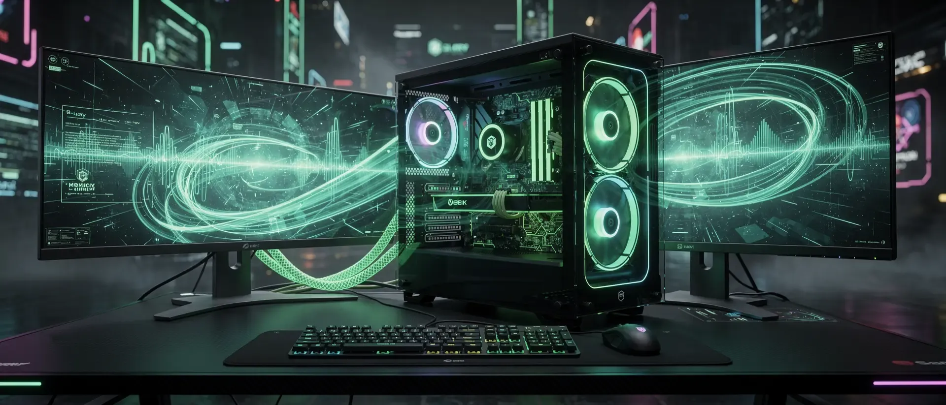 Ein futuristischer Cyberpunk-Gaming-PC mit mehreren Monitoren in einer dunklen Umgebung mit neongrünen Lichtspuren und holografischen Energieflüssen.