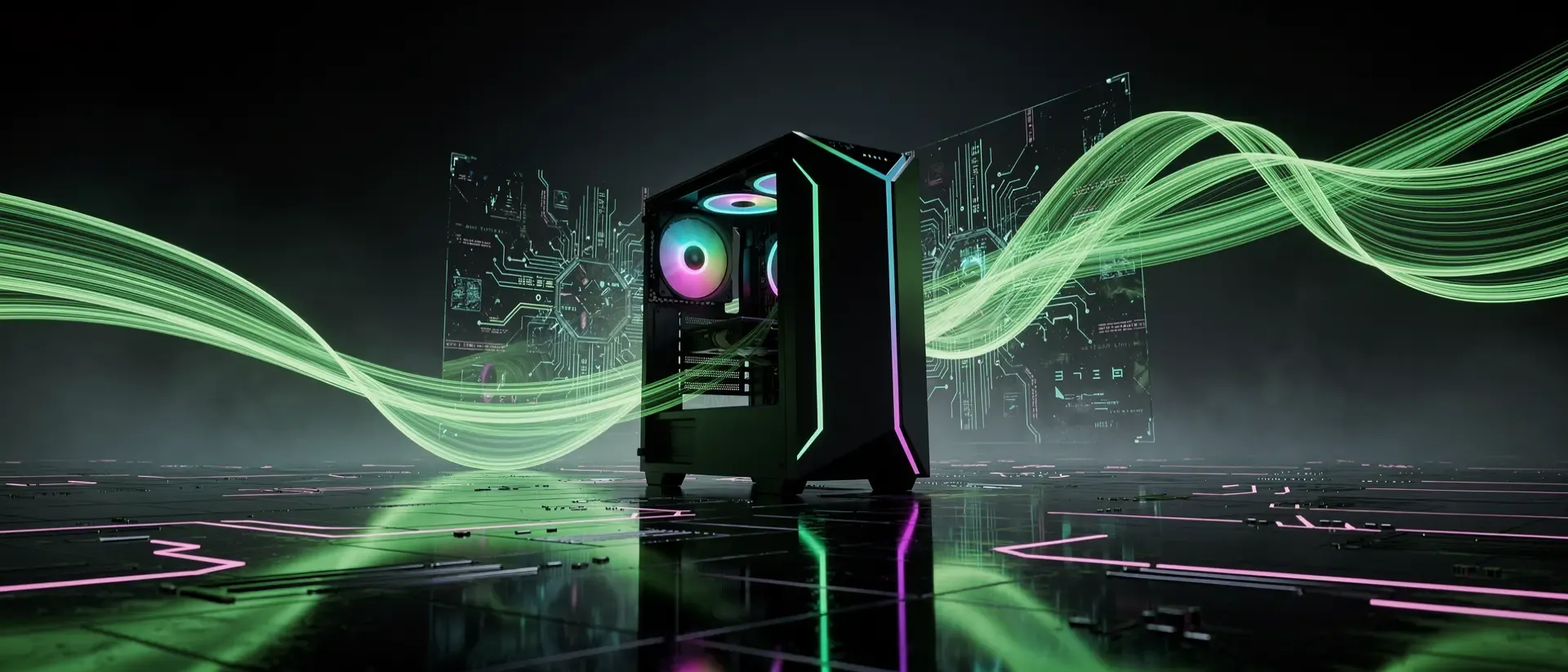 Ein futuristischer Gaming-PC in einer Cyberpunk-Szenerie mit pulsierendem neon-grünem Licht und schwebenden holografischen Schaltkreisen in der Dunkelheit.