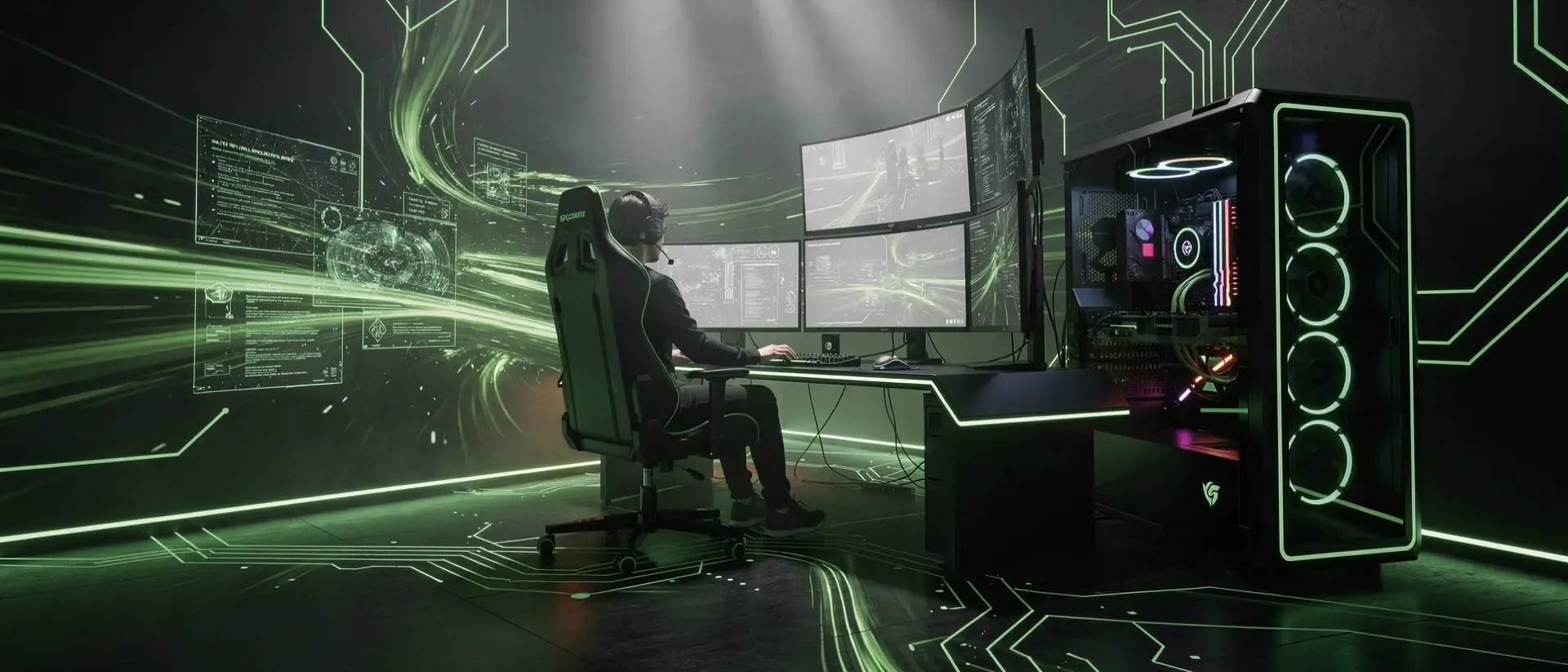Futuristische Gaming-Workstation mit High-End-PC und Streamer-Silhouette in dunkler Cyber-Ästhetik mit neongrünen Lichteffekten und Hologrammen.