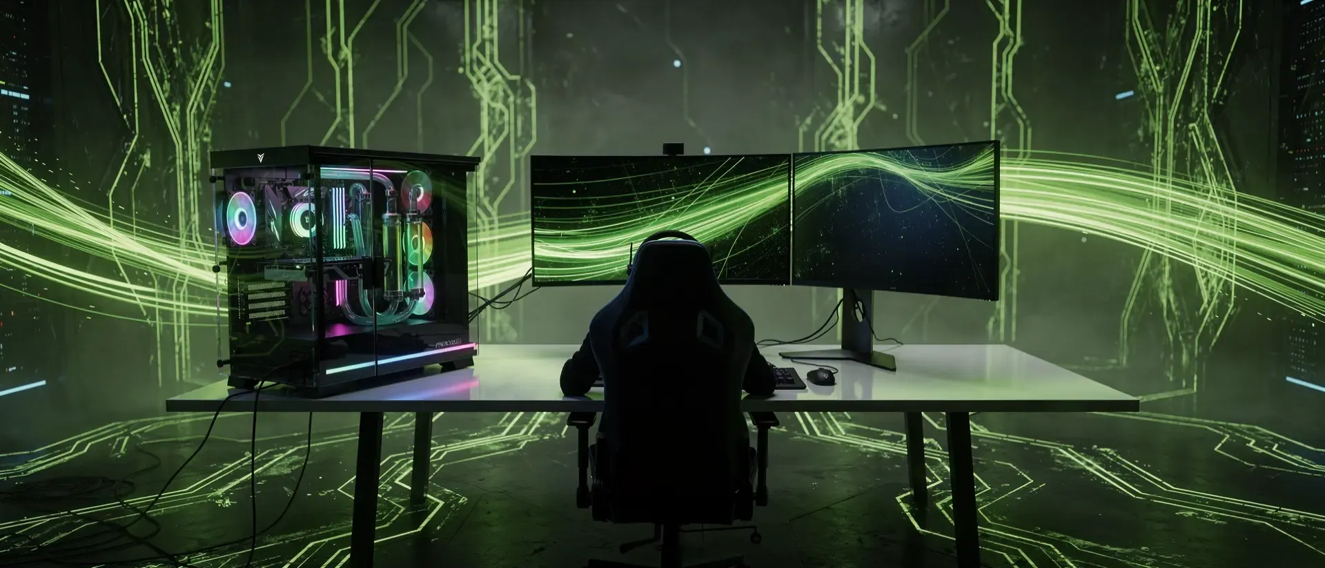 Ein futuristisches Gaming-Setup mit einem Streamer-Schatten vor dunklem Hintergrund und leuchtenden, neongrünen Schaltkreis-Lichtspuren.