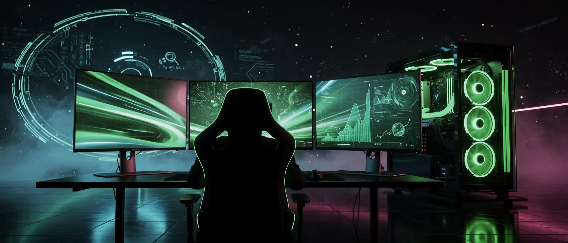Futuristische Cyberpunk-Gaming-Station mit einer Silhouette eines Streamers im neon-grünen Leuchten vor einem dunklen Hintergrund mit holografischen Elementen.