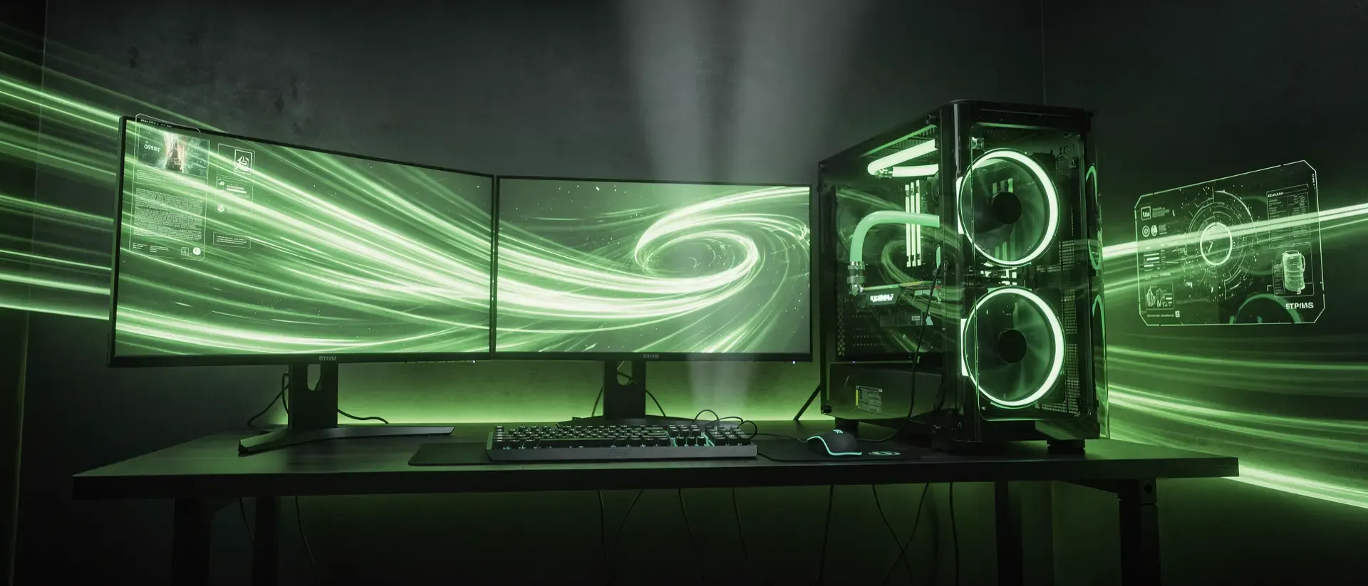 Futuristischer Gaming-Setup in einem dunklen Cyberpunk-Setting mit leuchtenden neongrünen Lichtspuren und holografischen UI-Effekten.