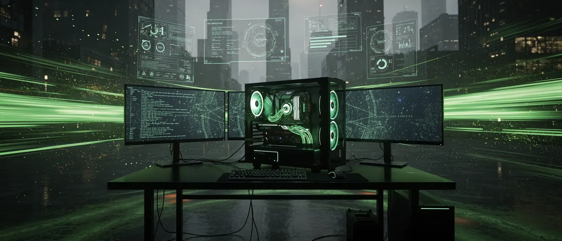 Futuristisches Cyberpunk-Gaming-Setup mit leuchtend grünen Neon-Lichtspuren, holografischen Datenströmen und einem transparenten High-End-PC.