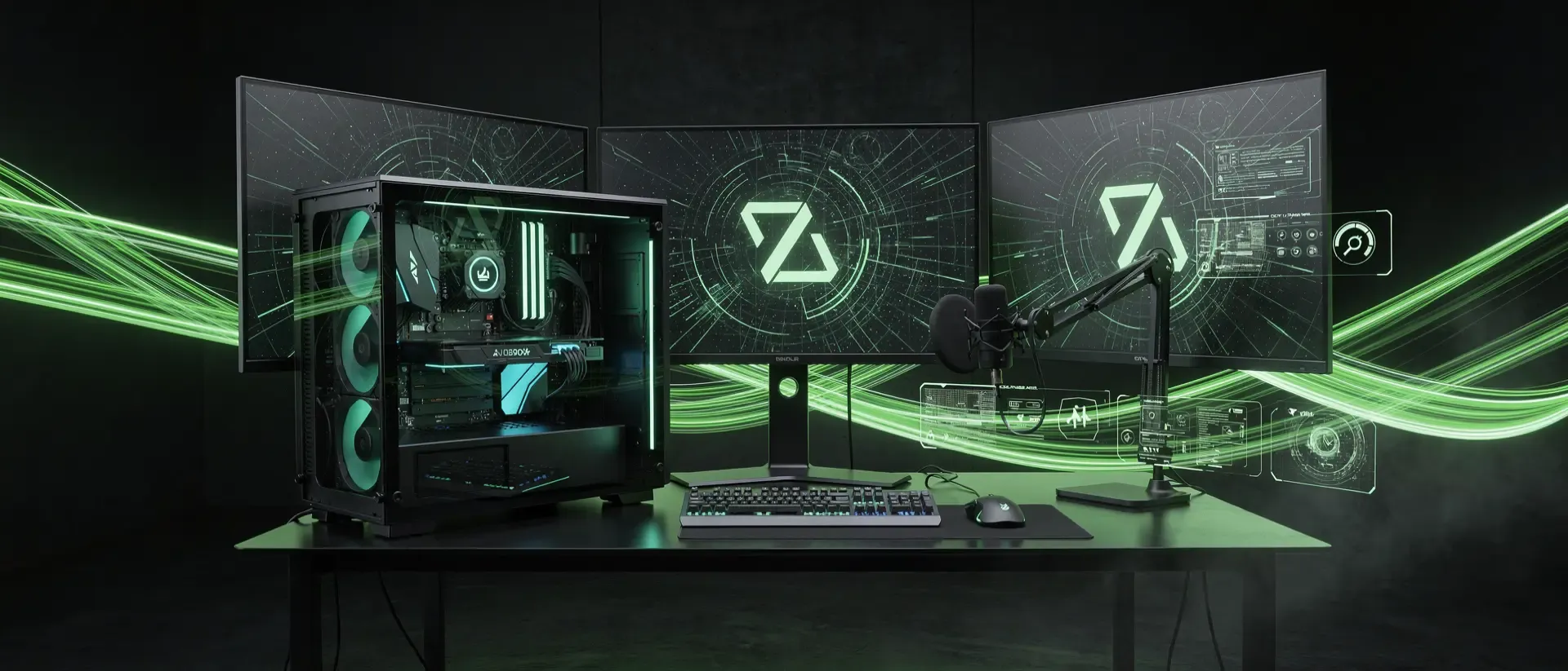 Ein futuristisches Cyberpunk-Gaming-Setup mit High-End-Hardware, neon-grünen Lichtakzenten und dynamischen, leuchtenden Lichteffekten vor dunklem Hintergrund.