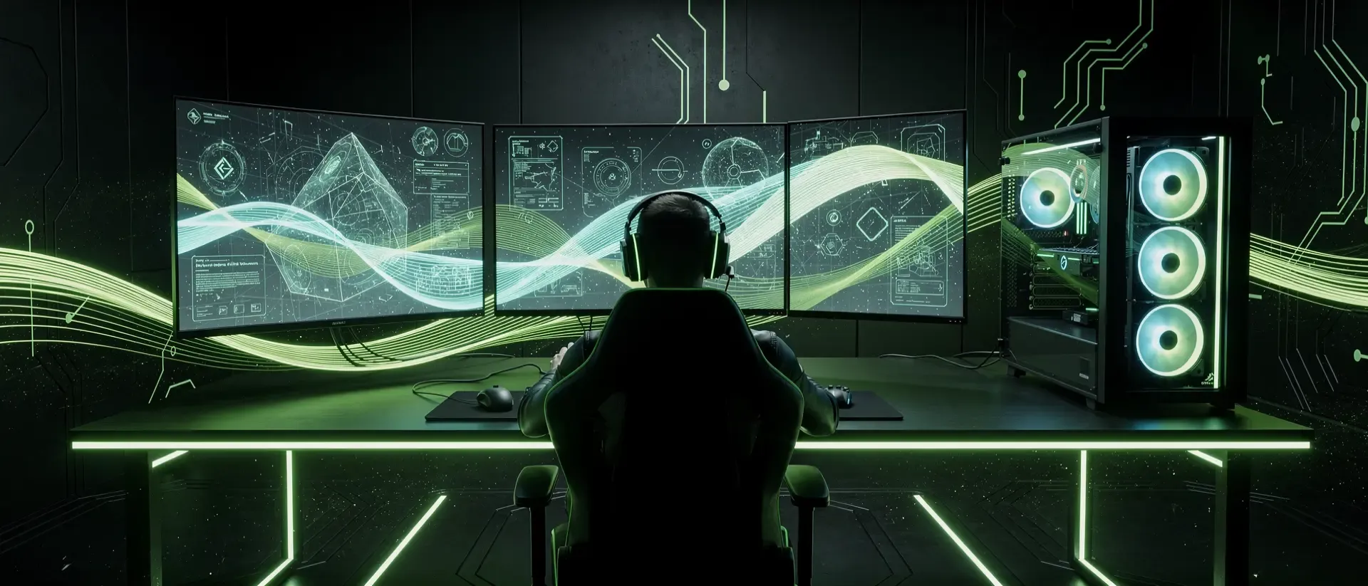 Futuristischer Gaming-Arbeitsplatz im Cyber-Stil mit neon-grünen Lichteffekten, mehreren Monitoren und der Silhouette eines Streamers.