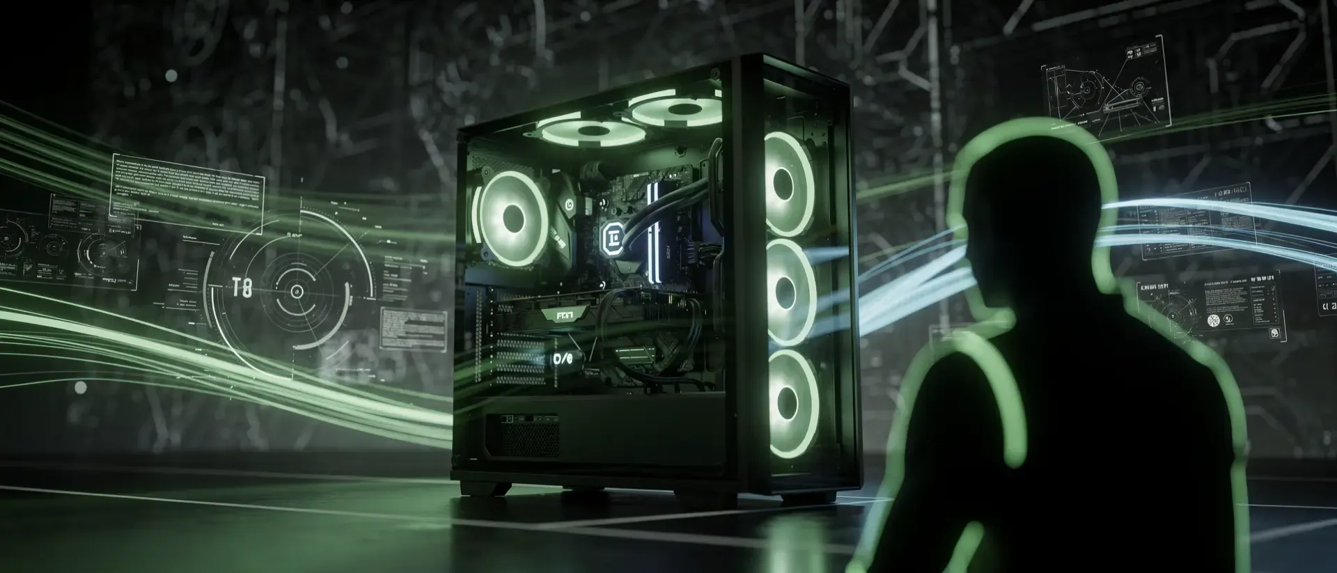 Futuristischer Gaming-PC mit neongrünen Lichtspuren, holografischen Datenströmen und abstrakten Schaltkreismustern in einer cineastischen Cyber-Ästhetik.