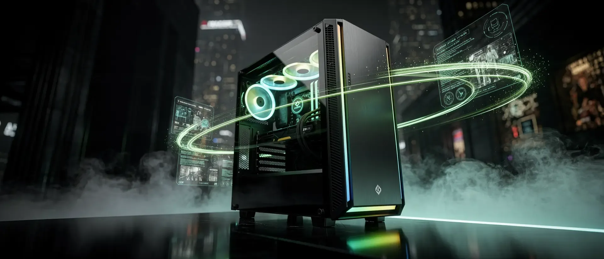 Futuristische Gaming-PC-Konfiguration in einem dunklen Cyberpunk-Setting mit neon-grünen Lichteffekten, holografischen Datenströmen und Nebel.