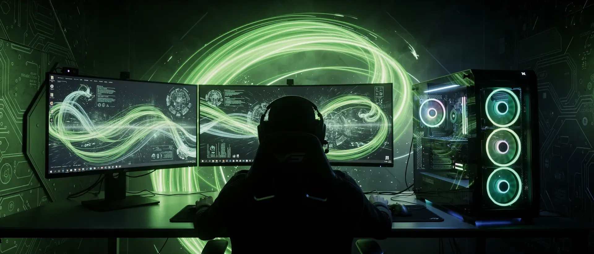 Futuristische Gaming-Station mit neon-grünen Lichtspuren, einem High-End-PC und der Silhouette eines Streamers vor abstrakten Datenmonitoren.